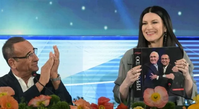 Carlo Conti e Laura Pausini alla conferenza stampa di Sanremo 2026
