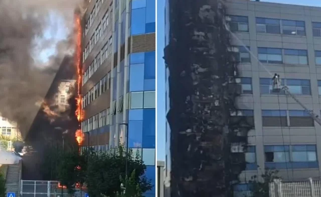 Incendio all'Ospedale del Mare di Napoli con fumo che avvolge la struttura