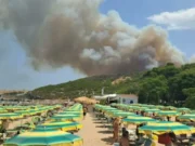 Incendio sul Gargano, fiamme dalle porte di Peschici alla baia: turisti evacuati via mare Vasto incendio sul Gargano visto dalla spiaggia con alta colonna di fumo