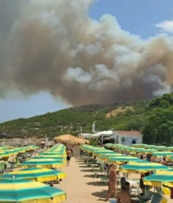 Incendio sul Gargano, fiamme dalle porte di Peschici alla baia: turisti evacuati via mare Vasto incendio sul Gargano visto dalla spiaggia con alta colonna di fumo