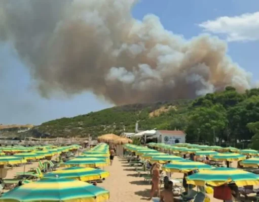 Incendio sul Gargano, fiamme dalle porte di Peschici alla baia: turisti evacuati via mare Vasto incendio sul Gargano visto dalla spiaggia con alta colonna di fumo