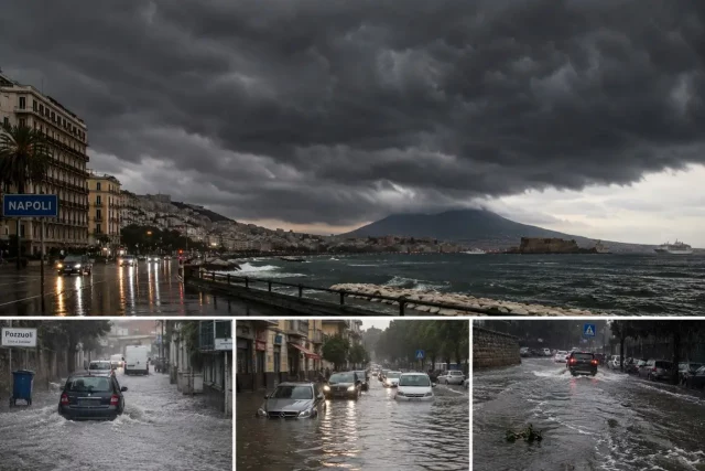 Strade allagate e cielo nero durante il maltempo a Napoli