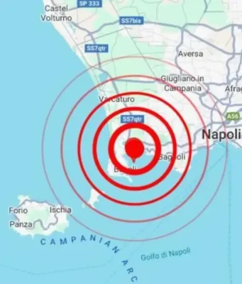 Terremoto ai Campi Flegrei, scossa di magnitudo 2.8 nella notte: epicentro a pochi chilometri da Bacoli Mappa dell'epicentro del terremoto di magnitudo 2.8 ai Campi Flegrei vicino a Bacoli